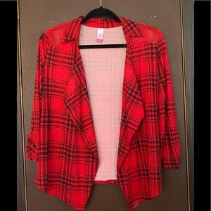 Plaid cardigan with lace shoulder accent